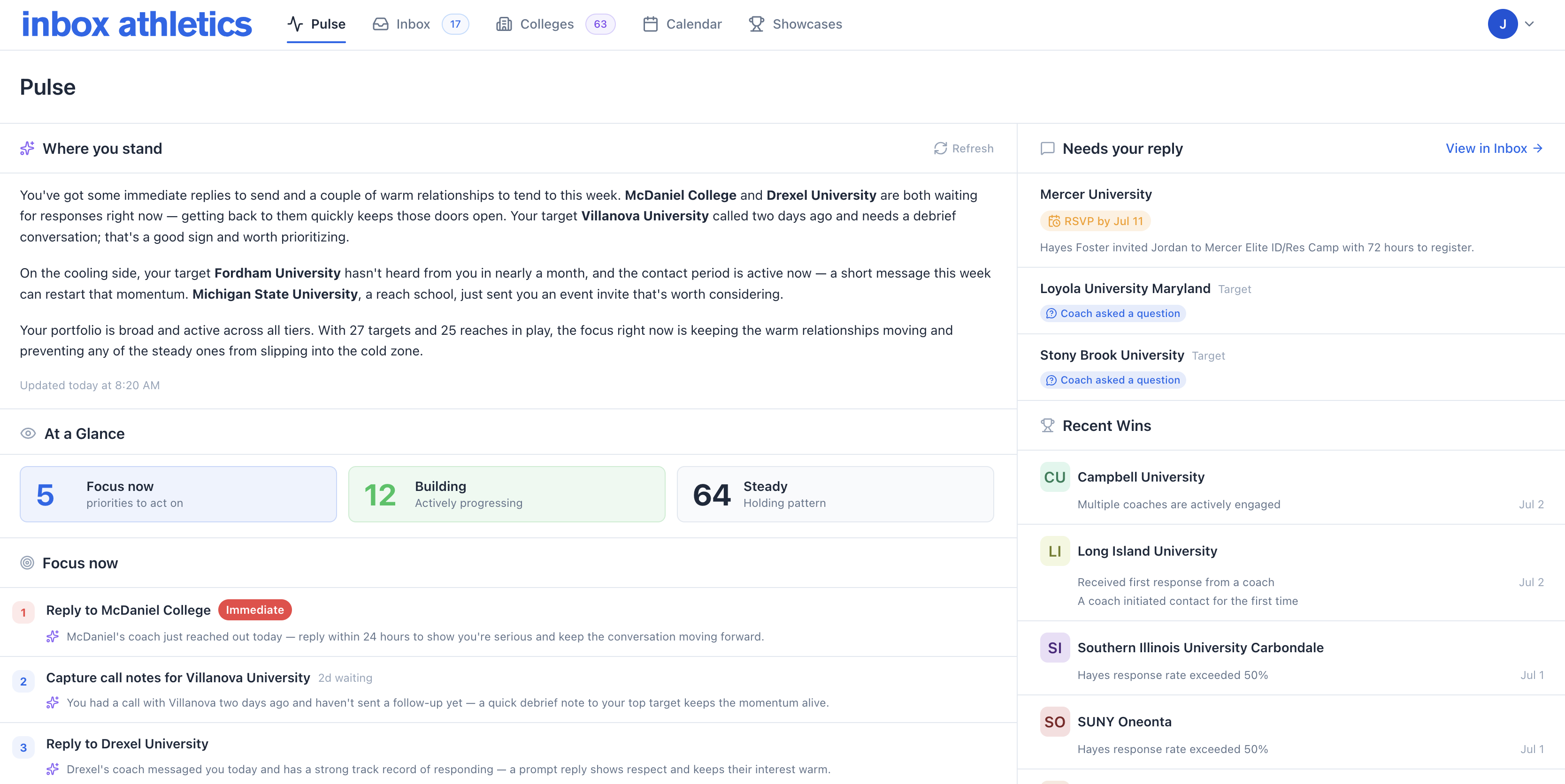 Inbox Athletics athlete dashboard showing Recruiting Pulse, Next Actions, and Discovered Colleges